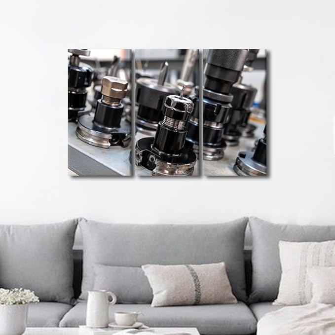 TUMOVO Art Work for Home Walls Machine Drill Bits Canvas Painting Wall Art 3 Panel Wall Art Canvas Frame Art Prints Machine Tools Room Decor Poster Home Decor Artwork Wall Hanging, 36x24 Inch