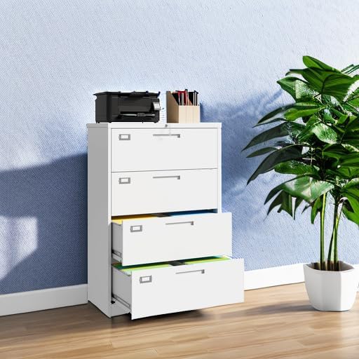 4 Drawer File Cabinet with Lock, 4 Drawer Steel Wide Filing Organization Storage Cabinets, Steel Lateral File Cabinet for Hanging Files Letter/Legal/F4/A4 Size,Assembly Required
