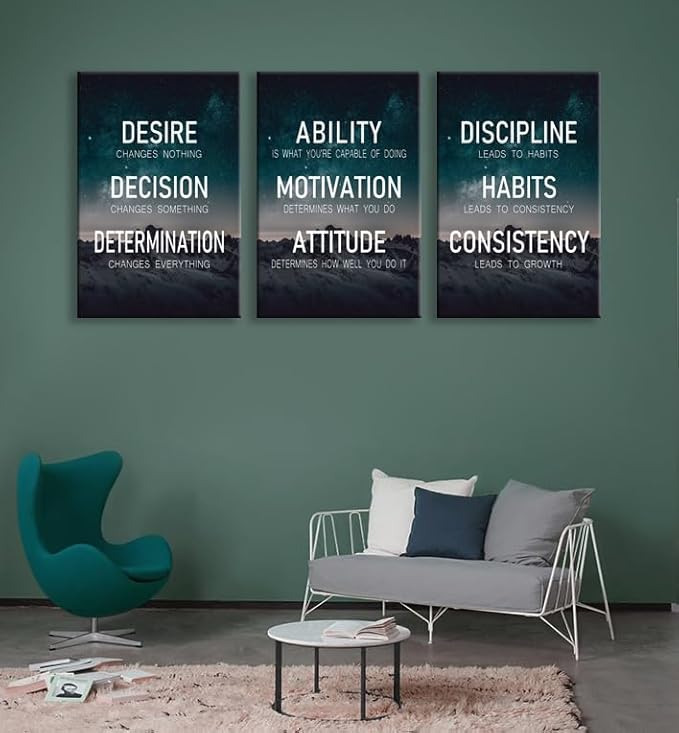 Motivational Wall Decor“The Elements of Success:Discipline-Habits-Consistency-Attitude -Determination” Set of 3 Positive Posters Inspirational Wall Art for Home Gym Bedroom Living Room[48''Wx 24''H]