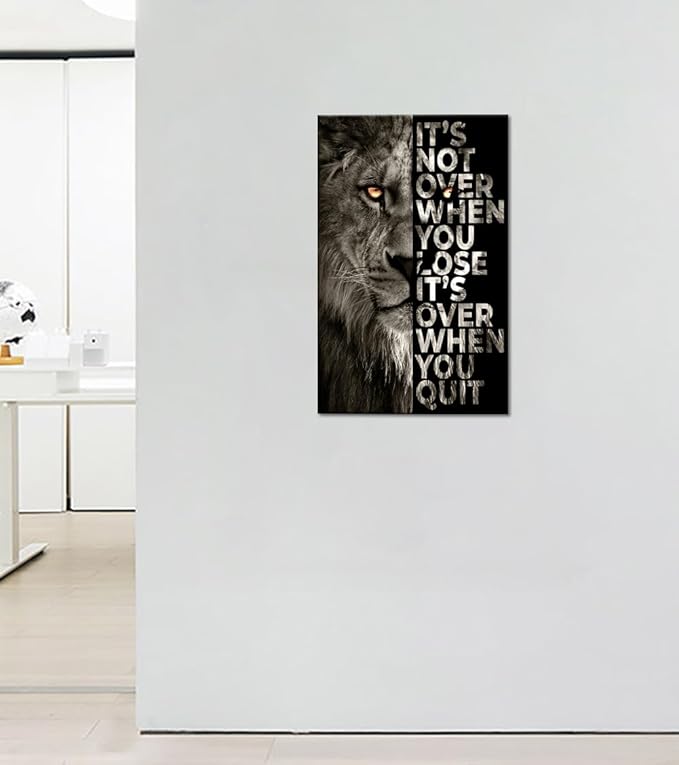 Large Wooden Framed Inspirational Office Artwork Black and White Lion Head Portrait with Motivational Sayings HD Print Giclee Canvas Paintings Pictures for Coffee Shop Framed Easy to Hang-28 x 44 in