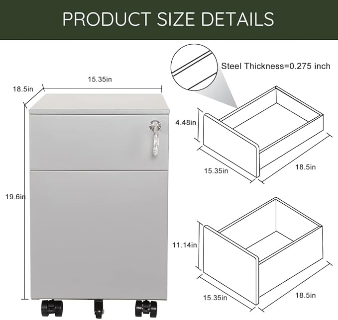 2 Drawer Mobile File Cabinet for Storage Under Desk in Home Office, Mobile File Cabinet, Metal File Cabinet with Lock, Legal/Letter /A4/F4 Size, Fully Assembled, Including Wheels, Grey