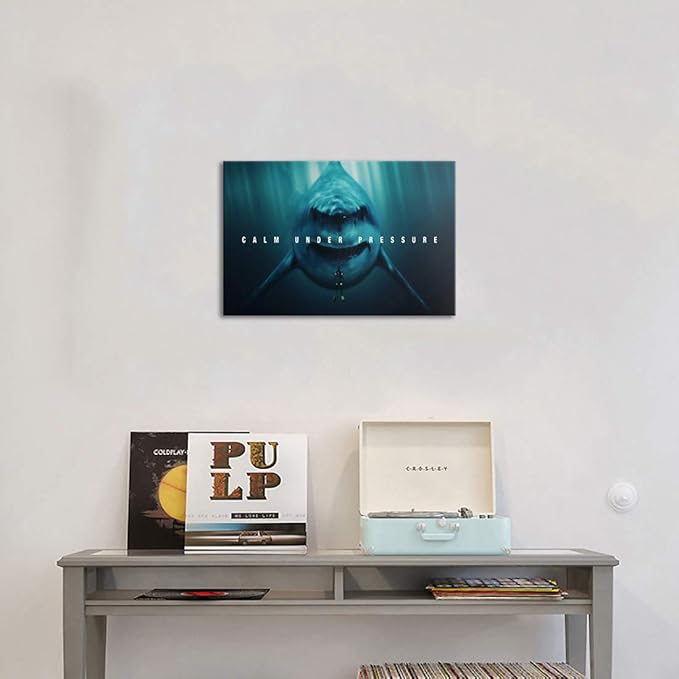 Office Wall Art Calm Under Pressure Shark Life Motivational Photo Hanging Poster Canvas Print Oil Painting Artwork Gallery Wrap Inspirational Home Living Decor With Framed for hang -16''W x 12''H