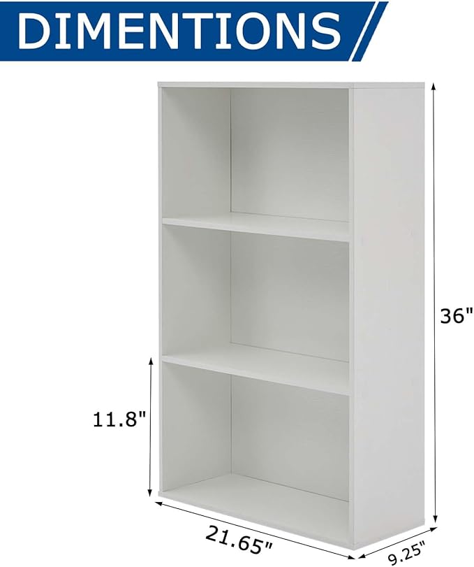 Tall Bookshelves, Office Storage Cabinets and Bookshelf, 3-Tier Wooden Bookcase with Storage, Floor Standing Display Cabinet Shelves for Living Room, Home Office, White