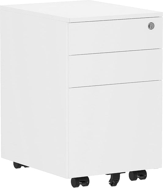 3 Drawer Locking Mobile Metal Storage, File Cabinet for Home or Office, Assembled (Except Casters), White