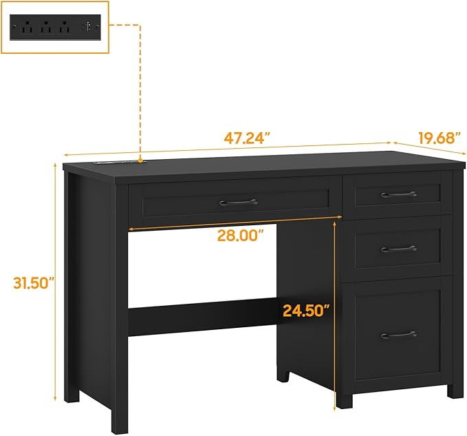 Farmhouse 47" Executive Desk, Computer Desk with File Drawer and Charging Station, Workstation for Home Office, Study.（Pure Black）
