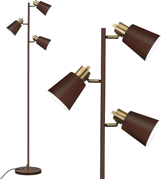 Tree Floor Lamp for Living Room, Industrial 3-Light Standing Lamp with 3 LED Bulbs, Adjustable Rotation Heads, Standing Tall Pole Lamp Farmhouse Rustic Reading Lamps for Bedroom Office (Brown)