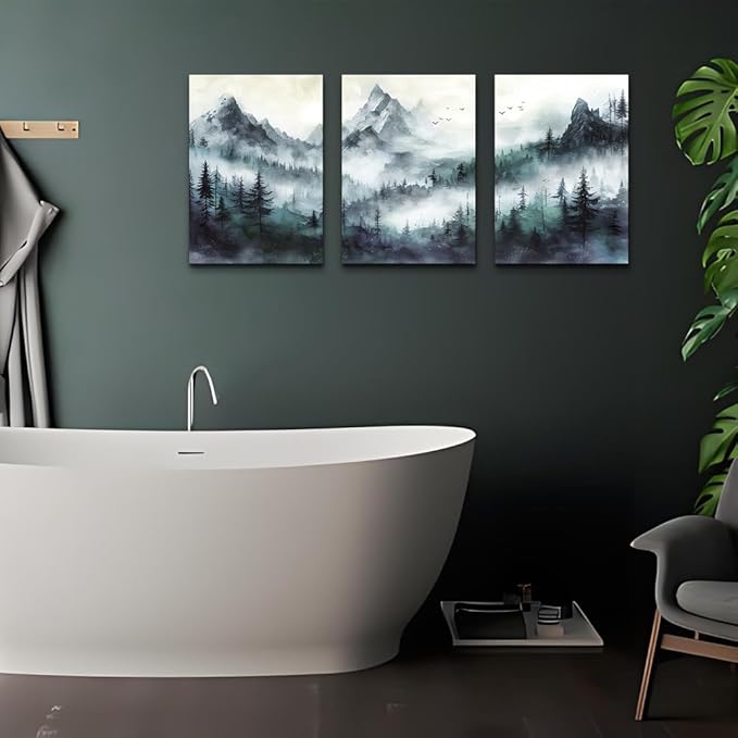TTHYUEWS Canvas Wall Art - Modern Misty Mountain Forest Wall Painting for Bedroom, Living Room, Office - 3 Piece Set