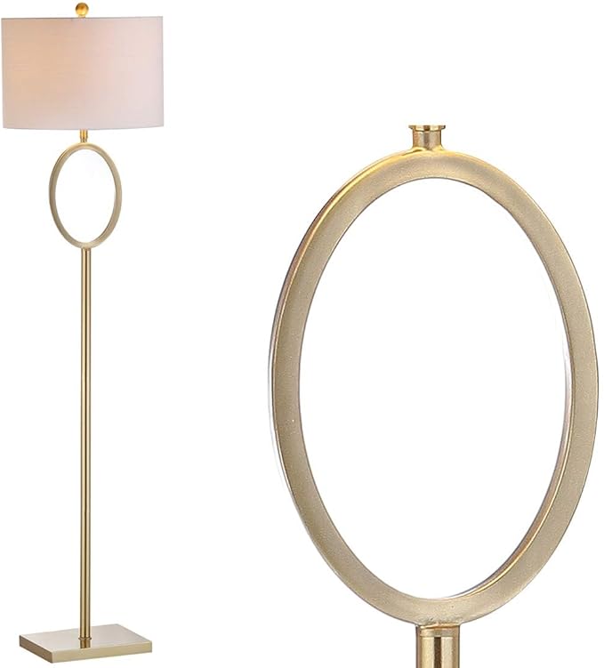 JONATHAN Y 61" Brass Gold Metal LED Floor Lamp for Living Room Modern Hoop Design Standing Lamp, White Linen Drum Shade, Bedroom Home Office, LED Bulb Included JYL1089A
