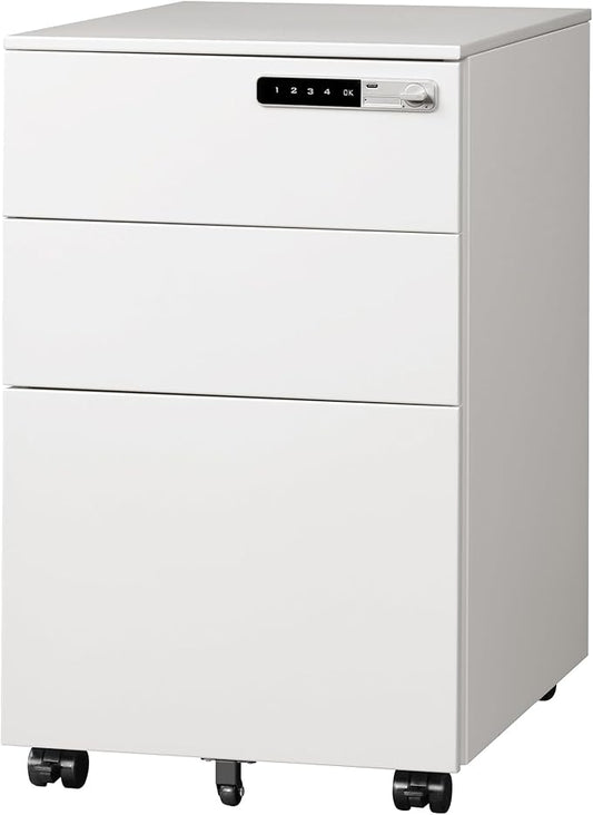 DEVAISE 3 Drawer File Cabinet with Combination Lock，Fully Assembled Metal Filling Cabinet Except Wheels, Mobile Under Desk File Cabinets for Home Office, White