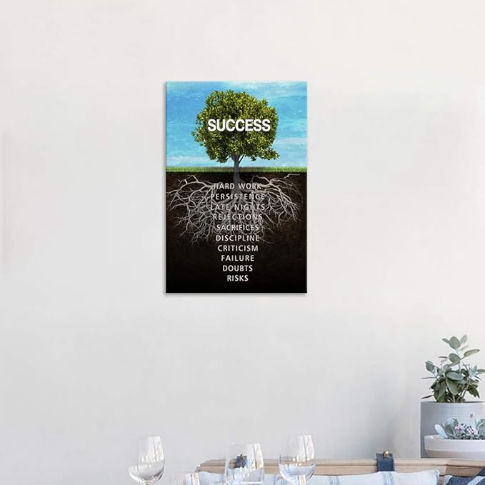 Success Tree Wall Art Inspirational Painting on Canvas Motivation Entrepreneur Quotes Pictures Posters and Prints Artwork Modern Inspirng Office Decor Living Room Gym Decorations Framed (12x16 in)