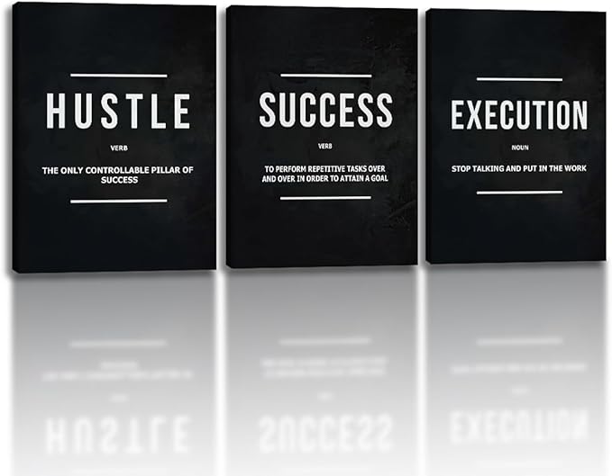 Unbruvo Hustle Success Execution Wall Art for Office, Inspirational Motivational Wall Decor, 3 Pieces Positive Quotes Canvas Wall Art for Entrepreneur Living Room Bedroom(48''Wx 24''H)