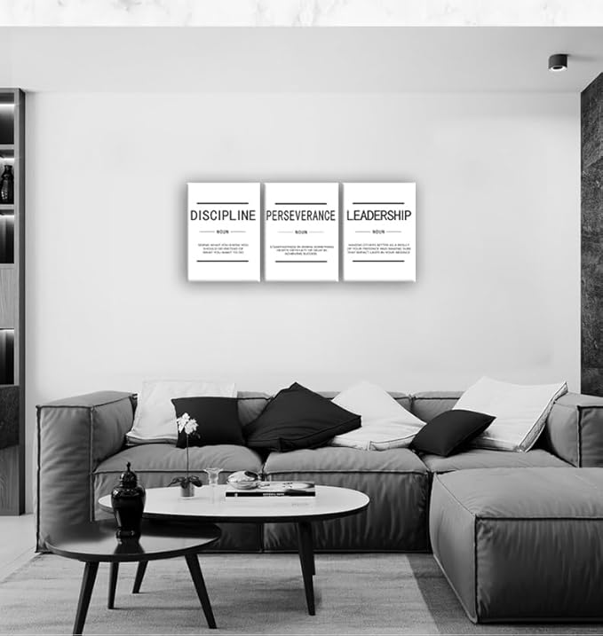 Motivational Painting Wall Art 3 Pieces Canvas Discipline Perseverance Leadership Noun Office Decor Print Inspirational Quotes for Wall Art Poster Living Room Gym Decor Framed[36''Wx 16''H]