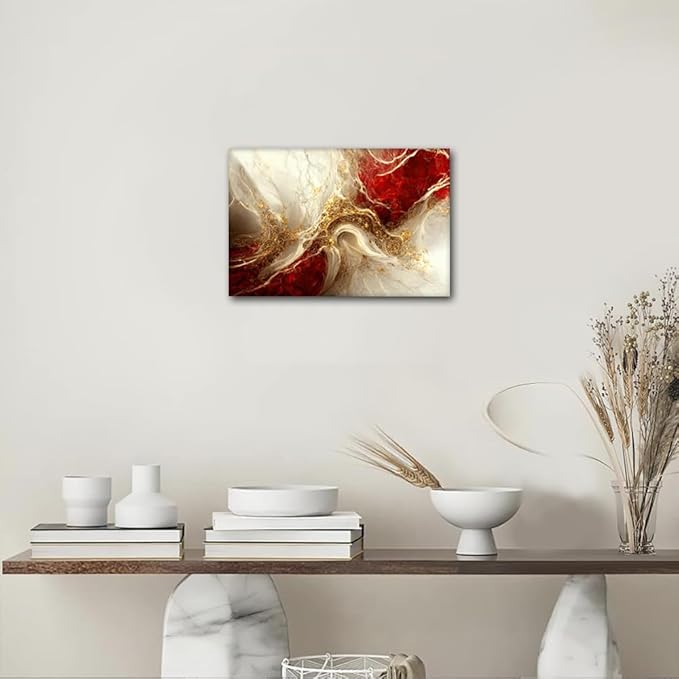 1 Panel Canvas Wall Art for Bedroom Decor - Abstract Marble Background Picture Red and Gold Colors Poster Print for Men Lady Living Room - Stretched Ready to Hang 18x12 in