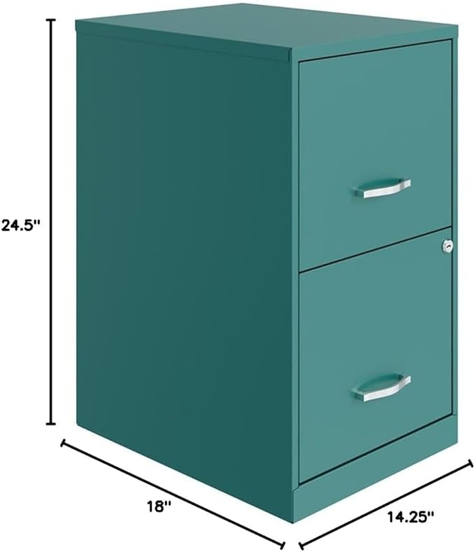 Scranton & Co 2-Drawer Metal File Cabinet, 18" Deep, Painted Steel, Teal/Turquoise Finish, Locking High-Side Drawers for Letter Files, Smooth Glide Suspension, Compact Home or Office Storage Solution