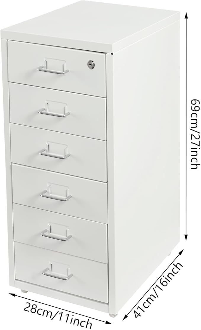 6 Tiers Metal File Cabinet with 6 Drawers Vertical Filing Cabinet with Lock & Wheels Freestanding Locking Storage Cabinet for Home Office, 11 * 16 * 27in (White)