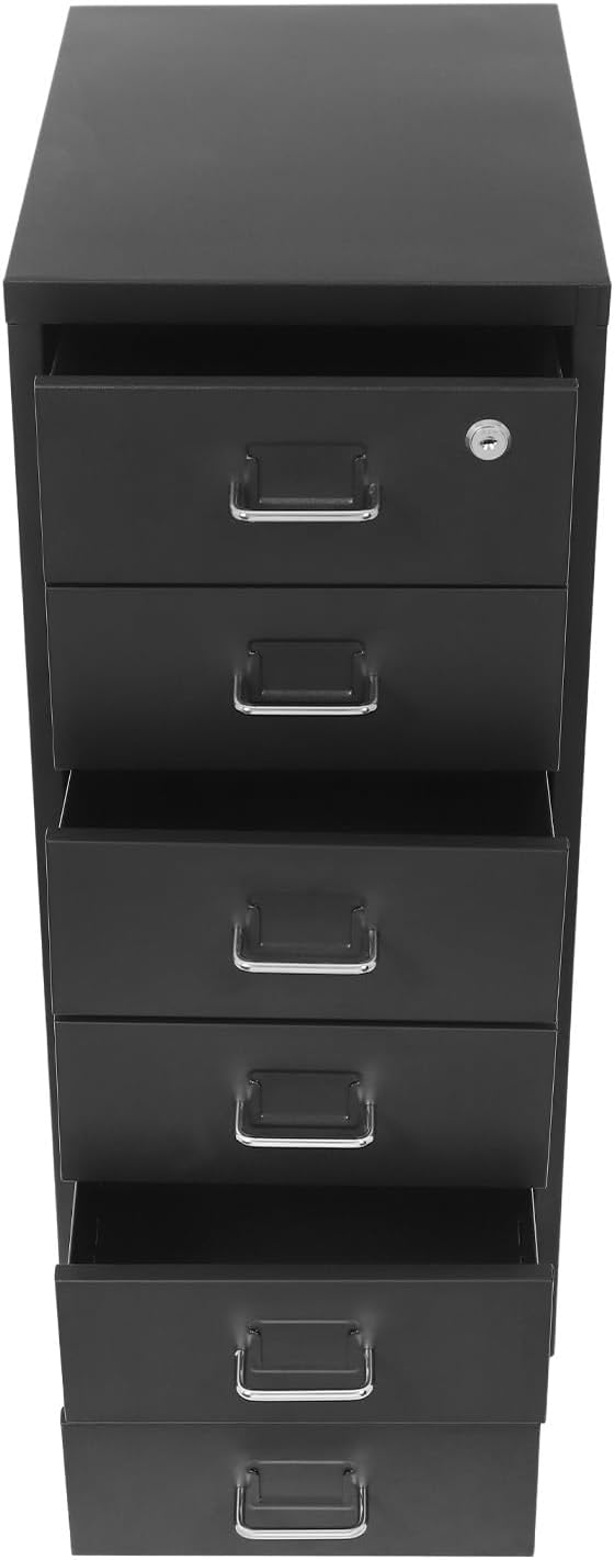 Vertical File Cabinets, 6 Tier Metal File Cabinet with Lock, Black Multi Drawer Cabinet for Home Office, Assembly Required