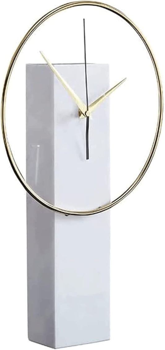 Chic Creative Light Luxury Table Clock, Stable Marble Desk Clock for Home Office Decor, Simple Metal Dial Design Tabletop Clock Shelf Clock (White)