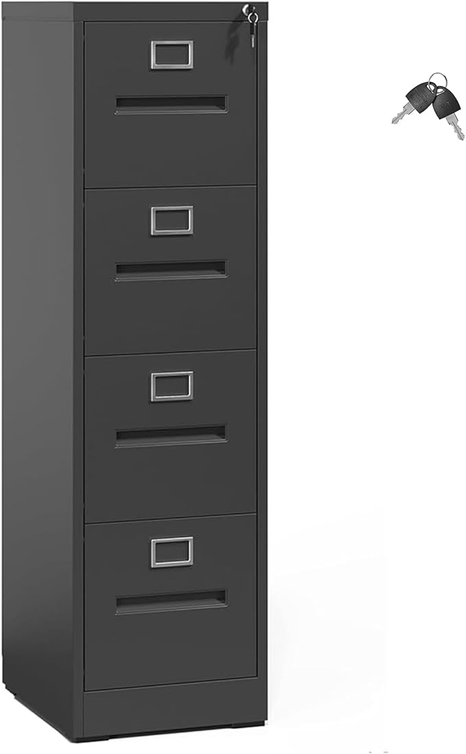 4 Drawer Filing Cabinet with Lock and Card Slot, Locking Vertical File Cabinet for Home Office, Small Metal File Cabinets for Hanging Legal Letter File Folders, Assembly Required(Black)