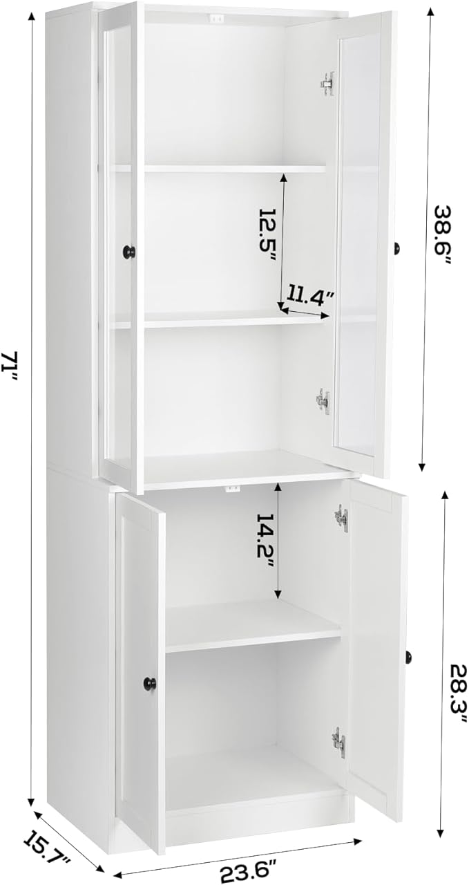 VOWNER Vertical File Cabinet, 3-Tier Modern Bookshelf with 3 Large Drawer, Wood Filing Cabinet with Open Storage Shelf, Glass Doors and Adjustable Shelves for Home Office, White (B)