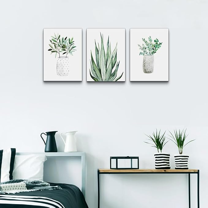 Lapremoly 3 Piece Green Plants Ink Wall Paintings Canvas Wall Art For Bedroom Wall Decor For Living Room Kitchen Dining Room Decoration Leaf Abstract Pictures Office Decor Room Home Walls Artwork