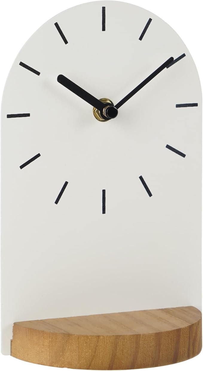 SOFFEE DESIGN One-Piece Table Clock Iron Sheet with Wooden Base Ins Style, Desktop Clock Non Ticking Battery Operated for Living Room Bedroom Home Decor, White