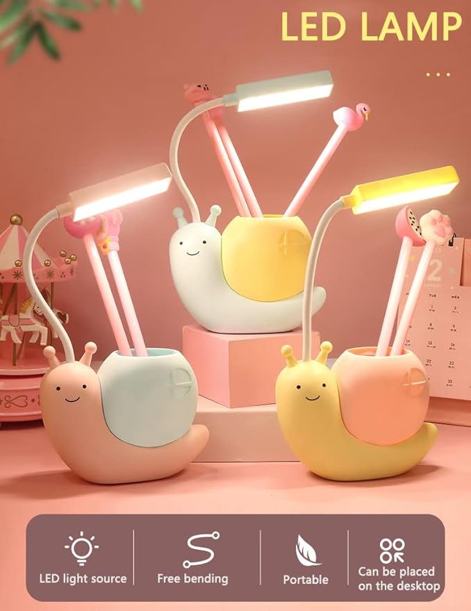 Cute Kids Lamp with Pen Holder,LED Desk Lamp for Child,Snail Shape USB Charging Student Learning Eye Protection Lamp with 360° Bendable Adjustable Neck Blue