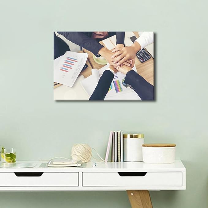 1 Panel Canvas Wall Art Hands Stack of Teamwork Holding Hands Together Over Conference Table Modern Decor Poster Canvas Print Frame Ready To Hang (12"Wx18"H)