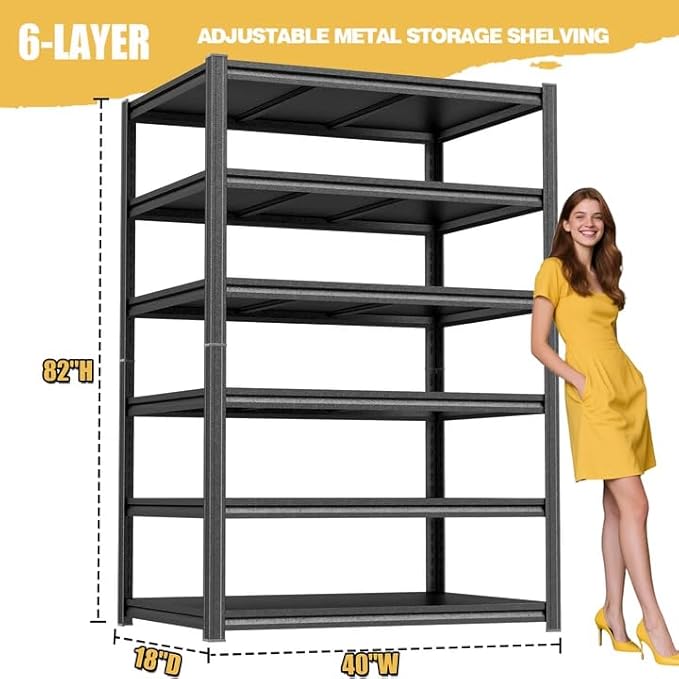 6-Tier Metal Bookshelf, Modern Black Book Shelf, 1800LBS Industrial Tall Display Bookcase, Adjustable Bolt-Free Storage Shelves for Living Room, Bedroom, Kitchen, 40" W x18 D x82 H