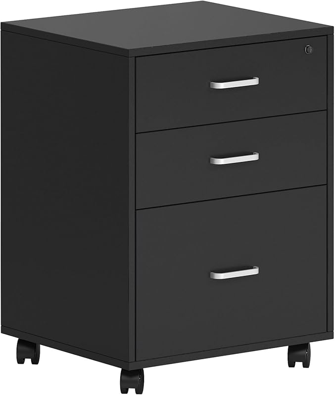 Need 3 Drawer Wood Mobile File Cabinet with Lock,Rolling Filing Cabinet for Letter/A4 Size for Home Office, Black