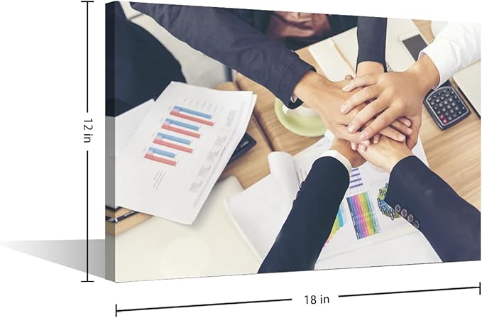 1 Panel Canvas Wall Art Hands Stack of Teamwork Holding Hands Together Over Conference Table Modern Decor Poster Canvas Print Frame Ready To Hang (12"Wx18"H)
