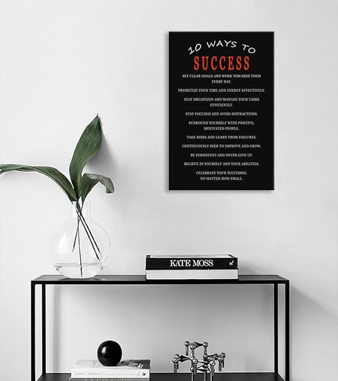 WYJDFART Motivational Wall Art 10 Ways to Success Positive Mindset Decor Quotes Inspirational Wall Decor Printed Canvas Poster for Office Home Gym Classroom Framed Ready to Hang [12" W X 18" H]