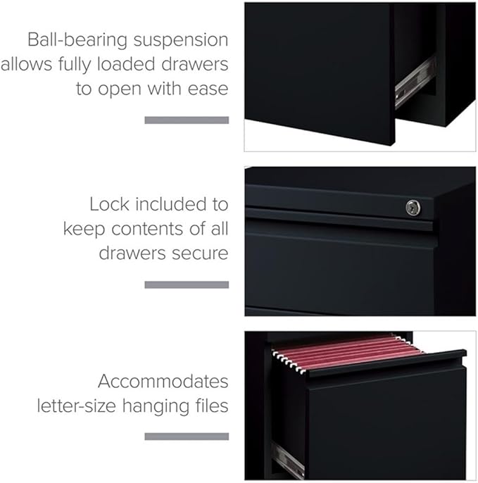Hirsh Industries 3-Drawer Metal Mobile Pedestal, 20" Deep Box/Box/File Configuration, Black Finish, 27.75" H x 15" W x 19.88" D, Locking File Cabinet with Hidden Casters, Office Storage Solution