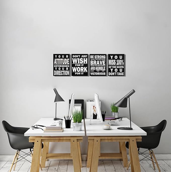 Deergar 4pcs 12x16 inches Black and White Inspirational Wall Art, Modern Art Deco, Motivation Quotes, Office Art, Positive Poster, Wooden Wall Mount, 4 count