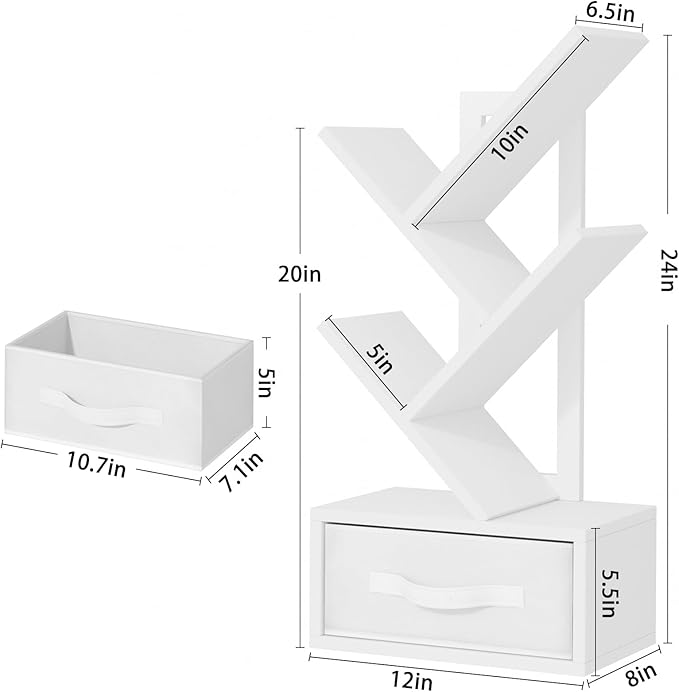 Small Bookshelf with Drawer,4 Tier Tree Book Shelf,Wood Desk Bookshelves,Modern Free Standing Desktop Display Shelves,White Floor Standing Organizer Bookcase for Living Room,Bedroom,Office