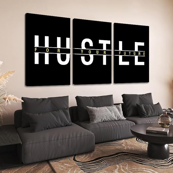 Set of 3 Large Wall Art for Office Decor Motivational Hustle Canvas Print Inspirational Quotes Wall Decor Black and White Inspiring Words Painting Modern Artwork Framed Poster for Home, 24" x 36" x 3