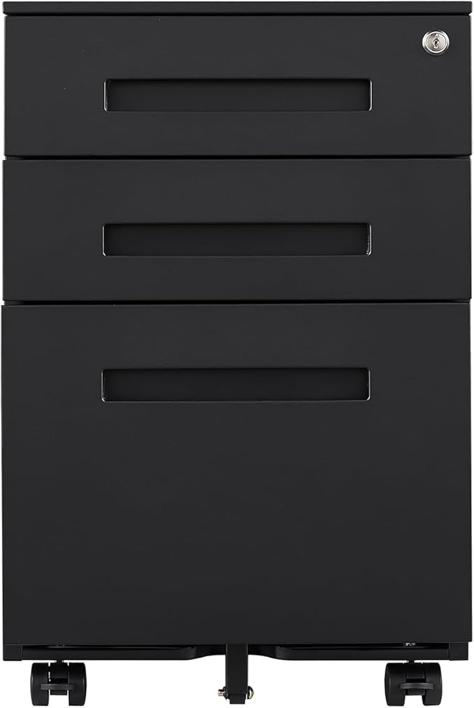 3-Drawer Mobile File Cabinets Rolling Metal Filing Cabinet for Legal & Letter File Anti-tilt Design with Lock Under Desk Office Drawers Fully Assembled Except Casters (Matt Black)
