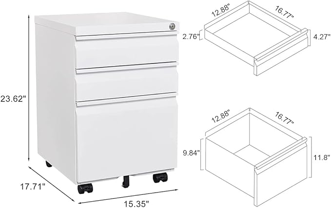 3-Drawer Mobile File Cabinets Rolling Metal Filing Cabinet for Legal & Letter File Anti-tilt Design with Lock Under Desk Office Drawers Fully Assembled Except Casters (White)