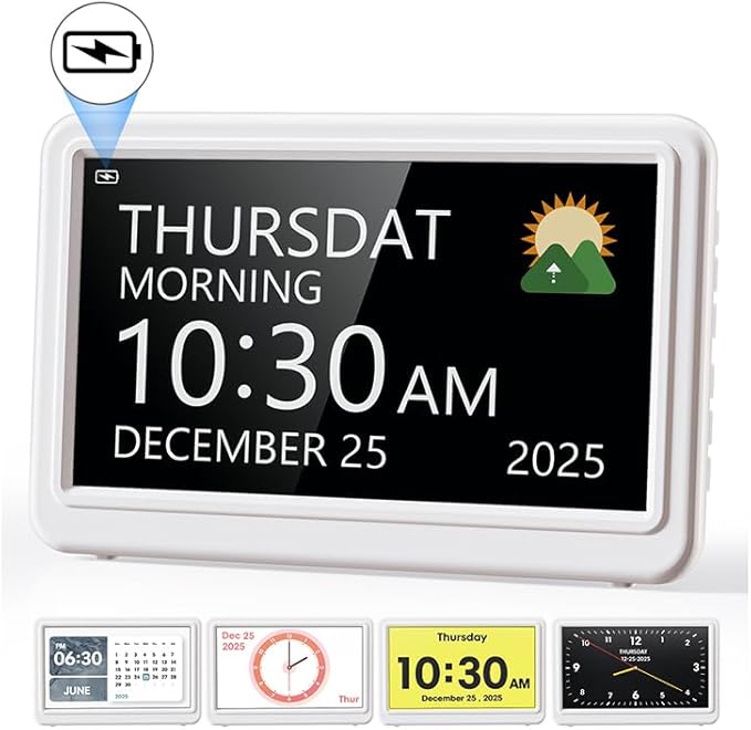 Digital Clock with Date and Day of Week, Dementia Clocks Battery Operated Alarm Clock with 20 Alarms and Medicine Reminders, 7" Large Display Desk Clock for Elderly, White (With Rechargeable Battery)