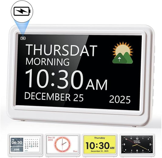Digital Clock with Date and Day of Week, Dementia Clocks Battery Operated Alarm Clock with 20 Alarms and Medicine Reminders, 7" Large Display Desk Clock for Elderly, White (With Rechargeable Battery)