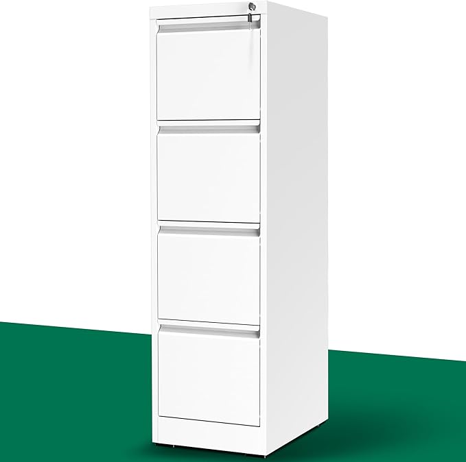 4 Drawer File Cabinet with Lock, Vertical File Cabinet with Lock, Locking File Cabinet Hanging Files for A4/ Legal/Letter, Require Assembly, White