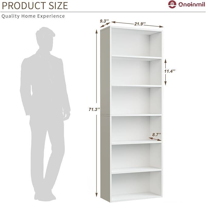 oneinmil Bookcase and Bookshelf, Floor Standing 6-Tier High Bookshelf, Display Storage Rack, Home Decorative Furniture, Suitable for Home Offices, Living Rooms, and Bedrooms,White