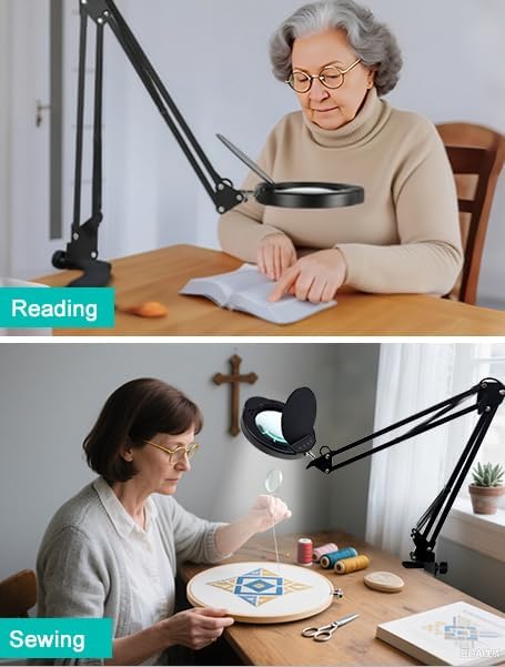 15X LED Magnifying Light, 5 Color Modes Dimmable LED Desk Lamp with Clamp, Long Arm Hands Free Desk Magnifier Light with Dust Cover for Crafts Hobby Painting Sewing Close Work