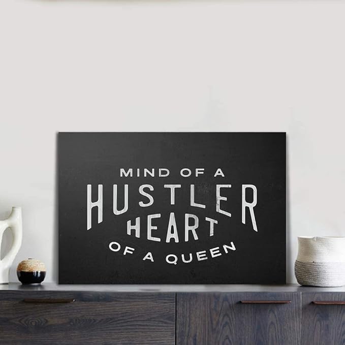 Mind Of A Hustler Heart Of A Queen - Inspirational Contemporary Entrepreneur Quotes Canvas Wall Art Black and White Motivational Framed Artwork HD Print Easy to Hang-16 Wx12 H