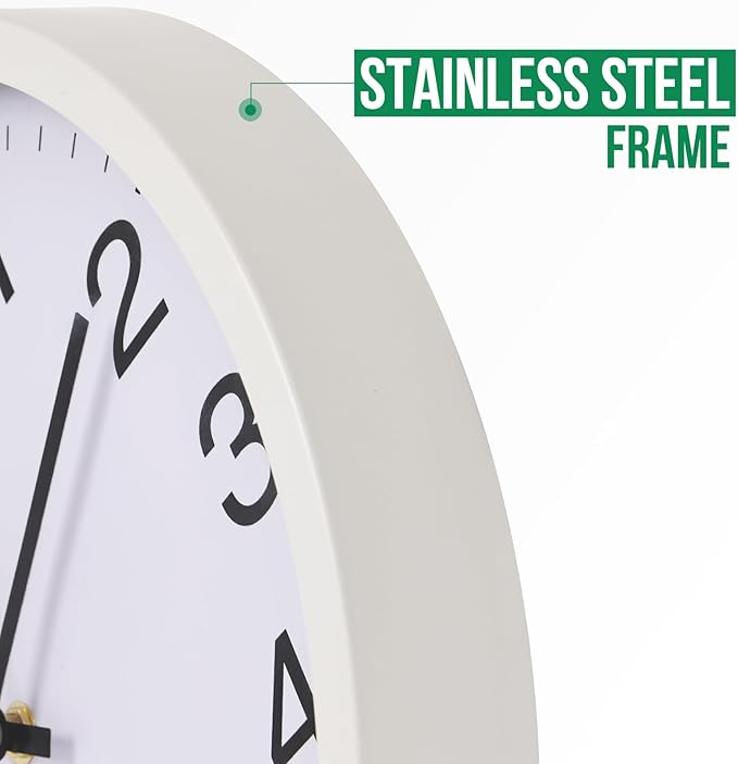 Wall Clock 12 Inch Metal Finish Silent Non Ticking Indoor Clock Round Battery Operated Stainless Steel Wall Clocks for Home, Office, Living Room (White-White, 12 Inch)