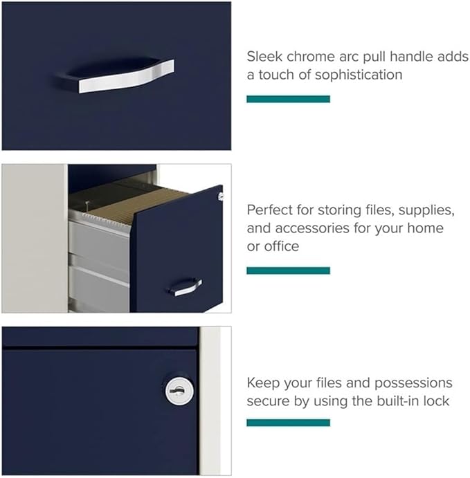 UrbanPro 18" 2-Drawer Mobile Vertical Filing Cabinet, Metal Construction, White/Navy Finish, Letter-Size Storage, Built-in Lock, Easy Roll Casters, Compact Design for Home or Office Use