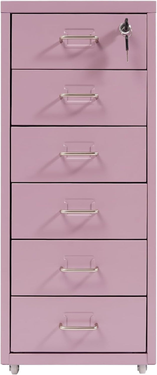 6 Tiers Metal File Cabinet with 6 Drawers Vertical Filing Cabinet with Lock & Wheels Freestanding Locking Storage Cabinet for Home Office, 11 * 16 * 27in (Purple)