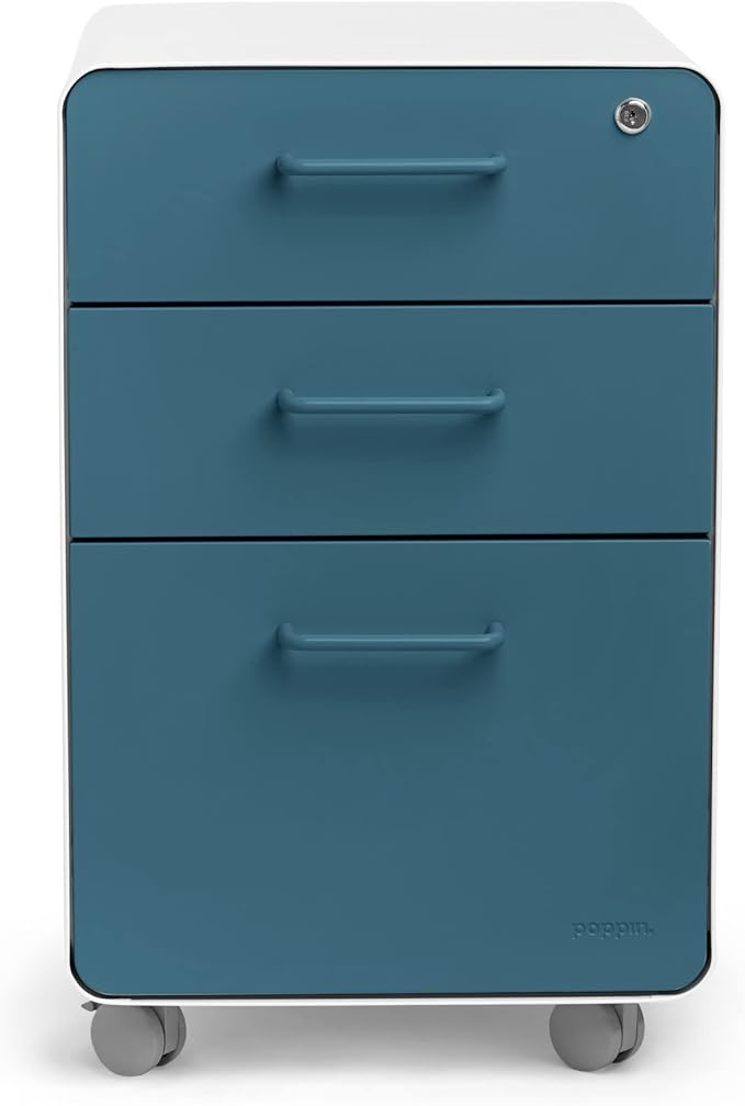 Poppin Stow 3-Drawer Rolling File Cabinet - White & Slate Blue. Utility & Hanging File Drawers. Locking & Non-Locking Wheels. Powder-Coated Steel. Two Keys Included