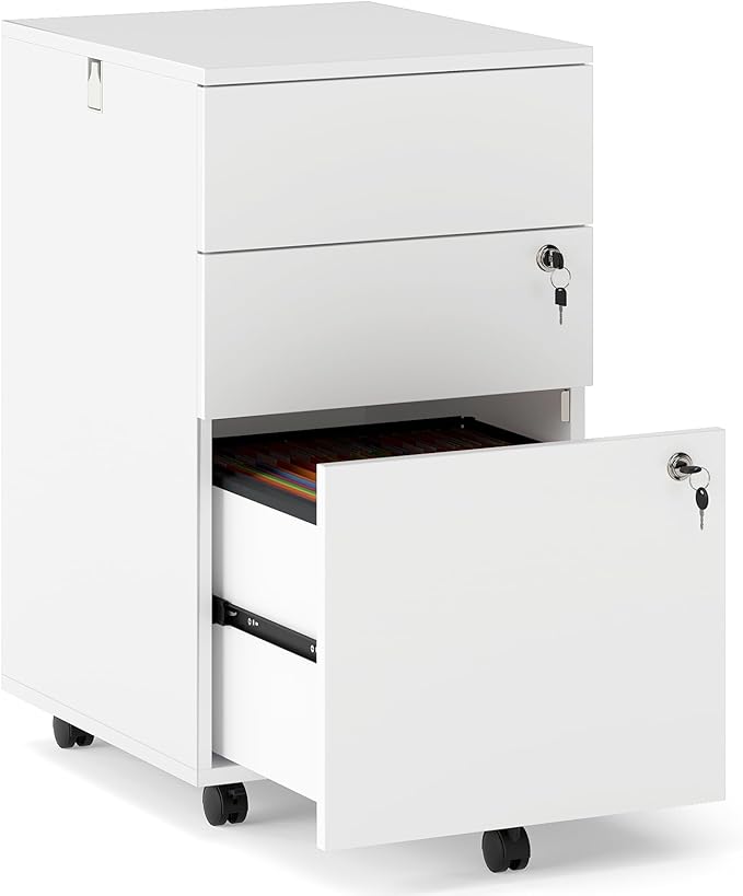 Giantex 3-Drawer File Cabinet with Lock, 27-Inches Storage Cabinet with 2 Side Hooks, Mobile Printer Stand, Wheels, 4 Keys, Vertical Filing Organizer fits Letter/A4 Size for Home Office (White)