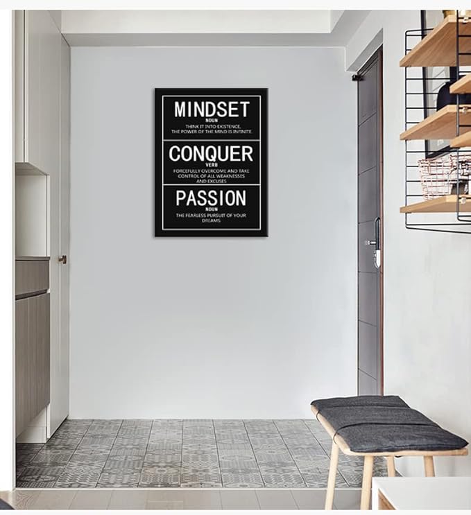 Mindset Noun Conquer Verb Passion Noun Canvas Wall Art Inspirational Quotes Poster and Print Motivational Picture Artwork for Living Room Office Home Decor Framed Ready to Hang [30"W X 40"H]