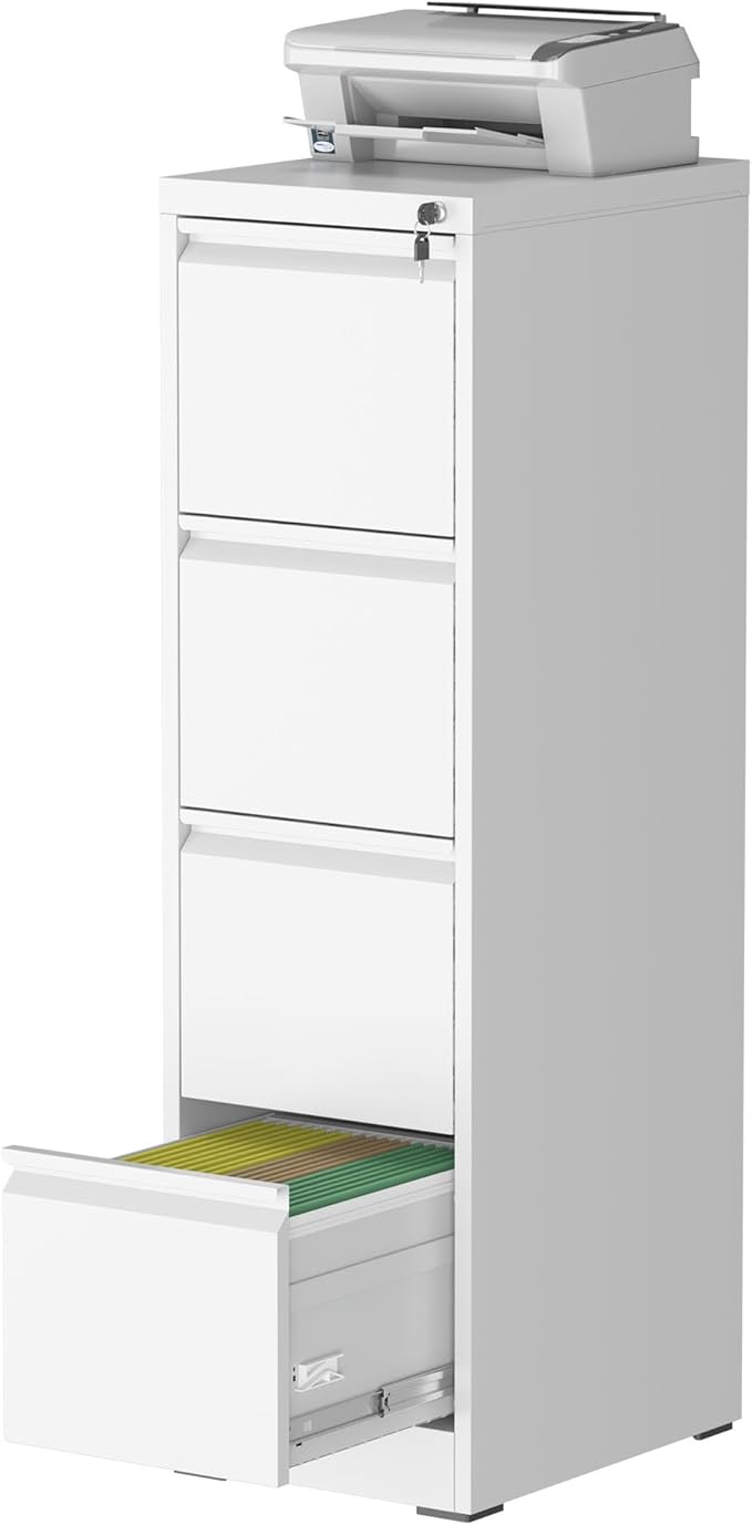 File Cabinet, 4 Drawer File Cabinet with Lock, Steel Vertical Filing Cabinets for Home Office, Heavy Duty File Storage Cabinet for Legal/Letter/A4 Documents, Easy to Assemble, White